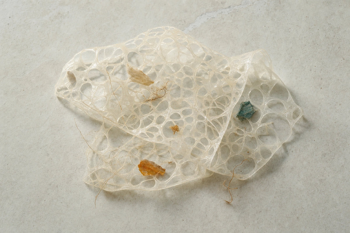 Conceptual macro image of a translucent porous mesh holding a few irregular fragments and fibers.