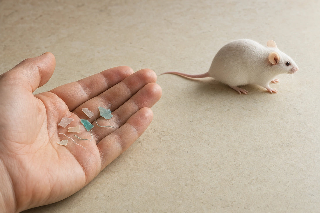 Conceptual editorial photograph of illustrative microplastic fragments and fine fibers resting on a cropped adult hand, with a calm white mouse nearby and separate.