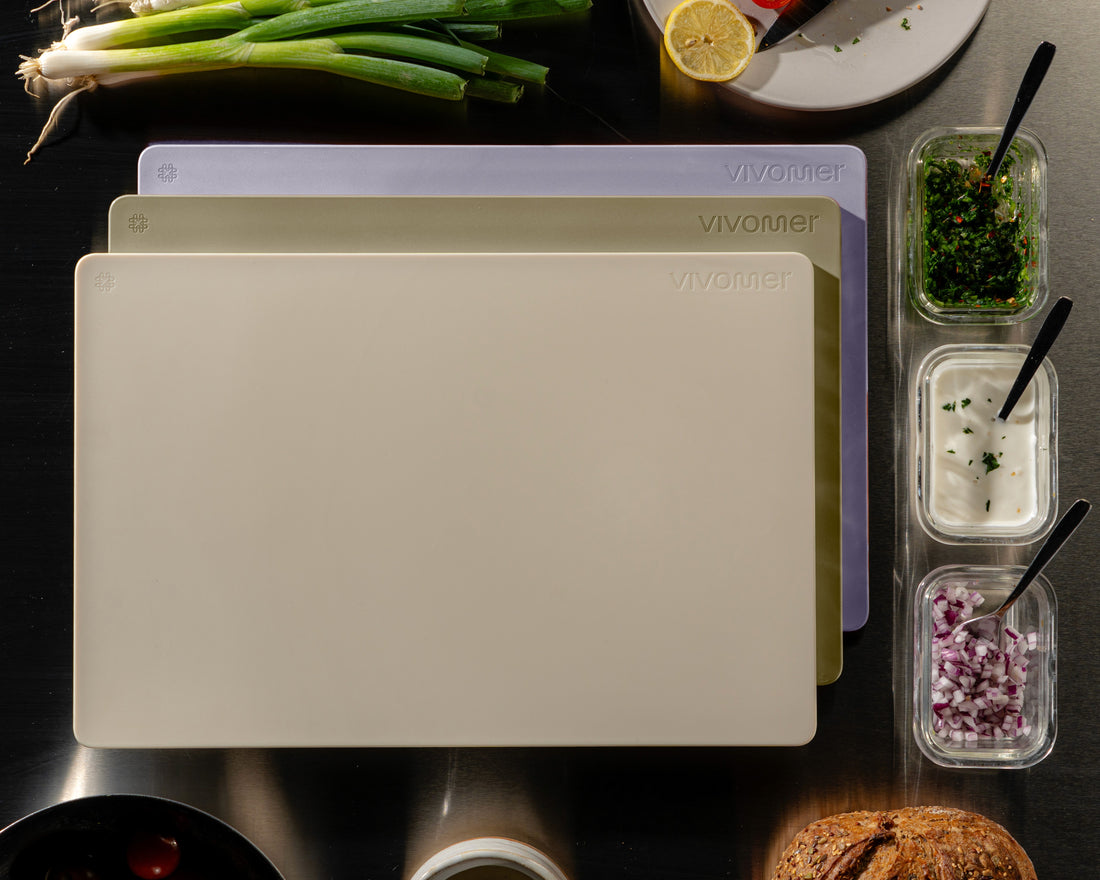 Three Shellworks VIVOMER cutting boards in merino, lilac and meadow