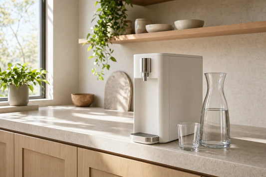 Unbranded countertop reverse-osmosis unit beside a glass carafe and tumbler in a sunlit cream-and-oak kitchen.
