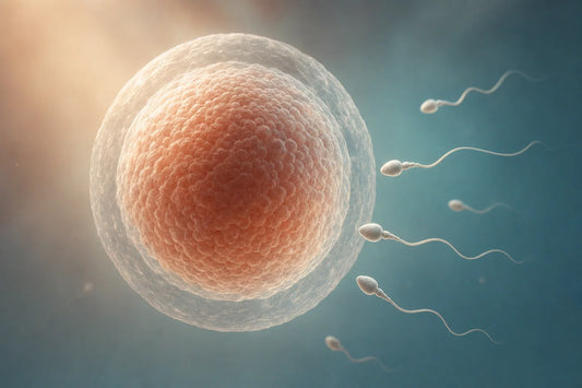 Scientific editorial illustration of sperm approaching a human egg cell.