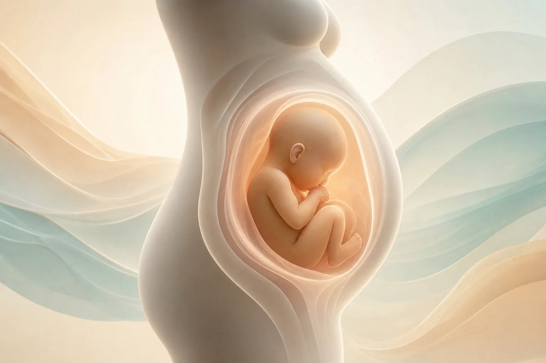 Scientific editorial illustration of a developing baby within a softly rendered pregnancy silhouette.