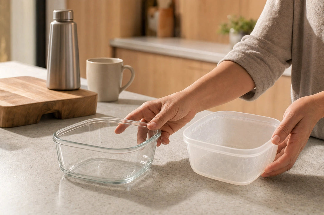 Unbranded glass and plastic food-storage containers held beside everyday kitchen items.