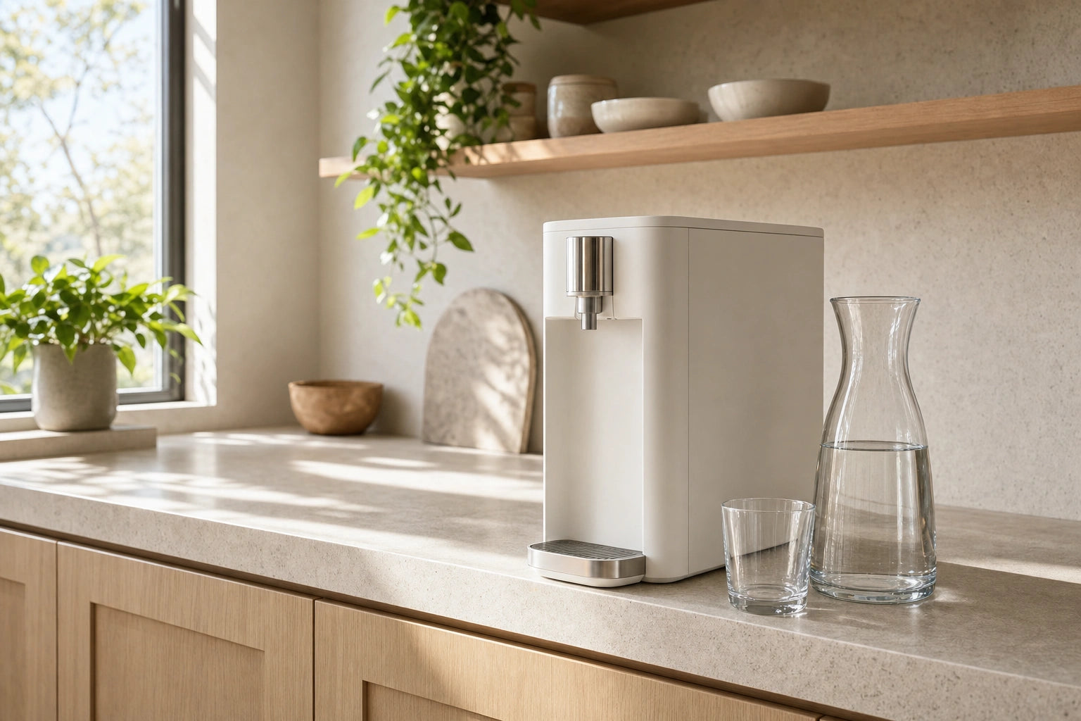 Unbranded countertop reverse-osmosis unit beside a glass carafe and tumbler in a sunlit cream-and-oak kitchen.