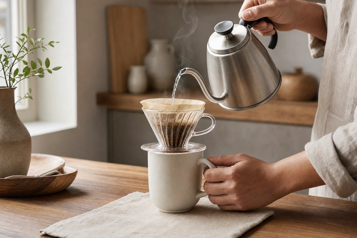 Hands pour hot water from a stainless steel kettle through a glass coffee dripper into a cream ceramic mug.