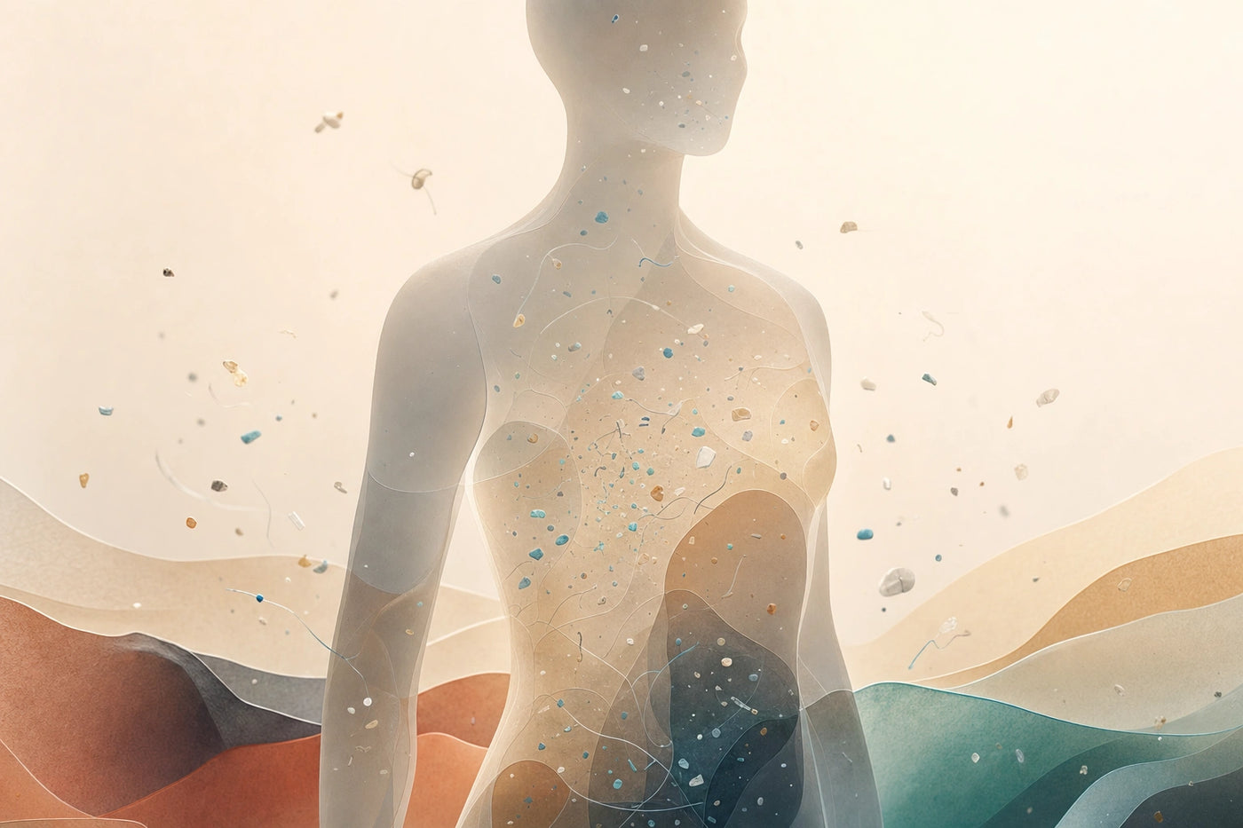 Conceptual illustration of a translucent human figure with small particles and fibers inside and around the body.