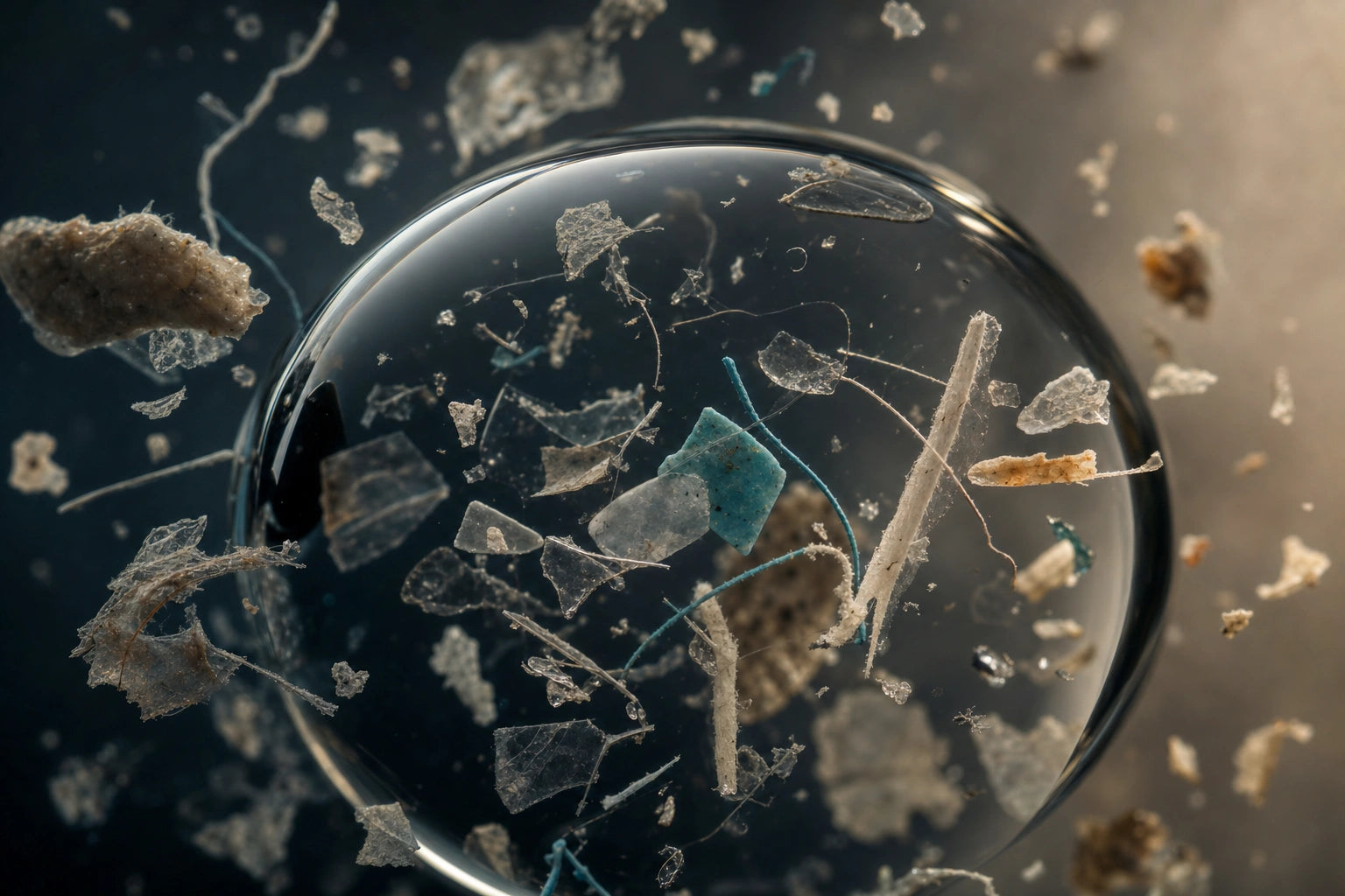 Conceptual close-up of translucent fragments and fibers suspended within a clear circular sample.