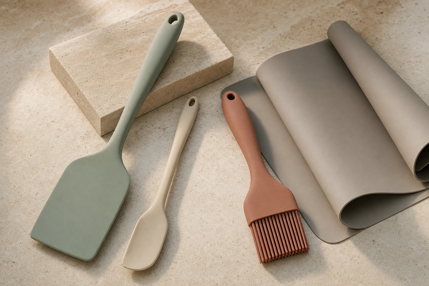 Muted silicone spatula, spoonula, pastry brush, and overlapping baking mats arranged on a stone surface.