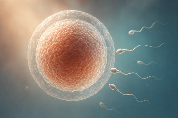 Scientific editorial illustration of sperm approaching a human egg cell.