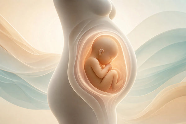Scientific editorial illustration of a developing baby within a softly rendered pregnancy silhouette.