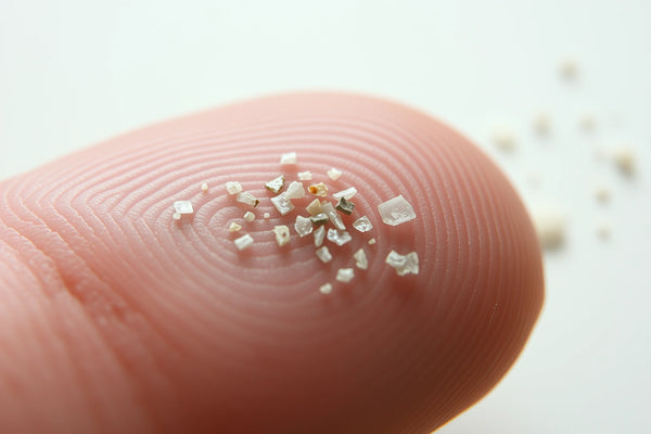 Extreme close-up of a fingertip with a few tiny pale and muted-color fragments resting on the skin.